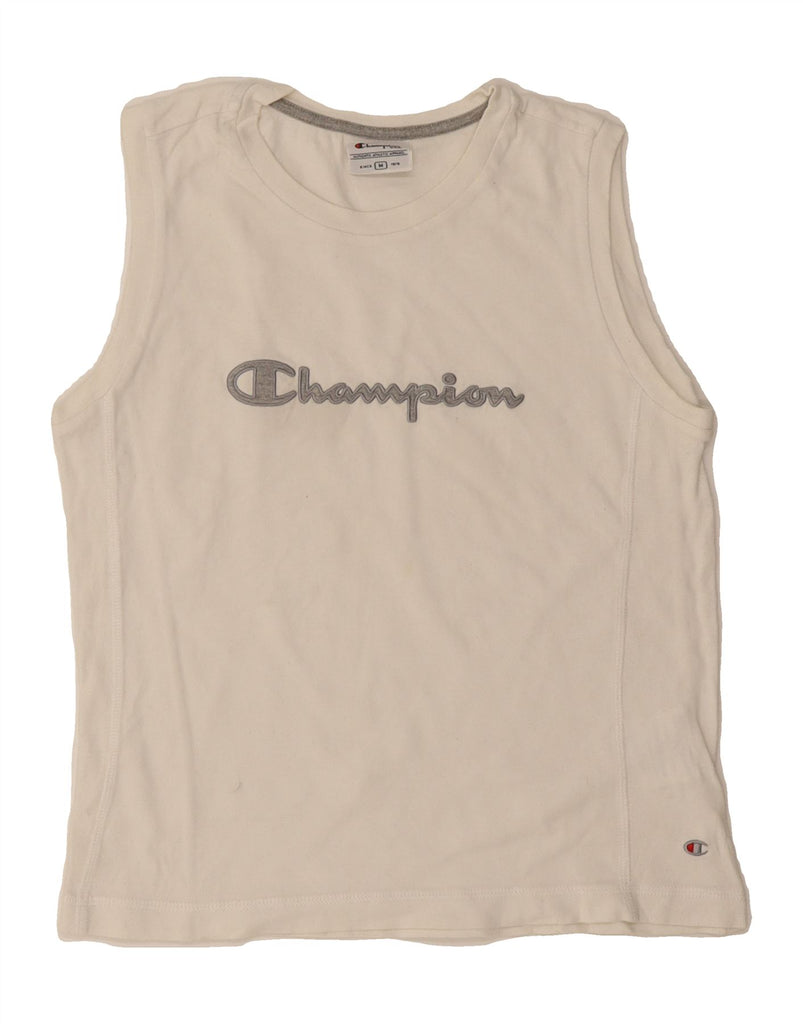 CHAMPION Womens Graphic Vest Top UK 12 Medium Off White Cotton Vintage Champion and Second-Hand Champion from Messina Hembry 
