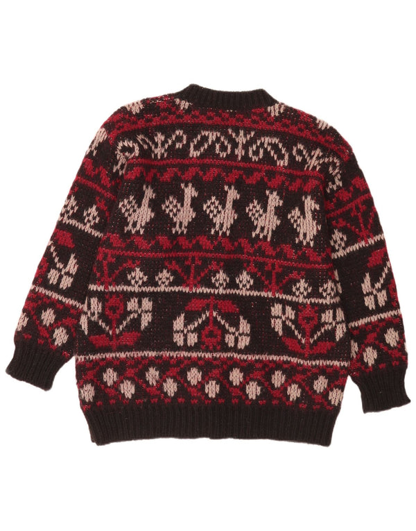 Vintage Womens Cardigan Sweater UK 16 Large Burgundy Fair Isle Wool