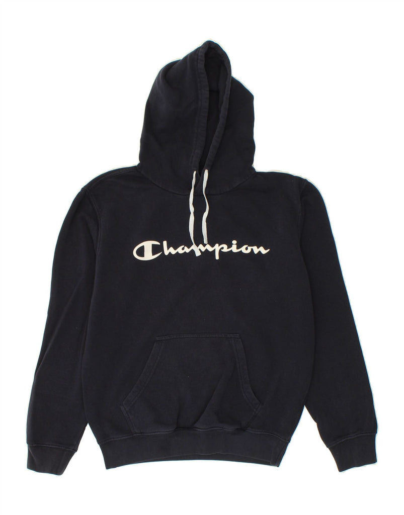 CHAMPION Mens Graphic Hoodie Jumper Small Navy Blue Cotton | Vintage Champion | Thrift | Second-Hand Champion | Used Clothing | Messina Hembry 