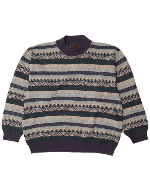 Vintage Mens Turtle Neck Jumper Sweater XL Navy Blue Geometric