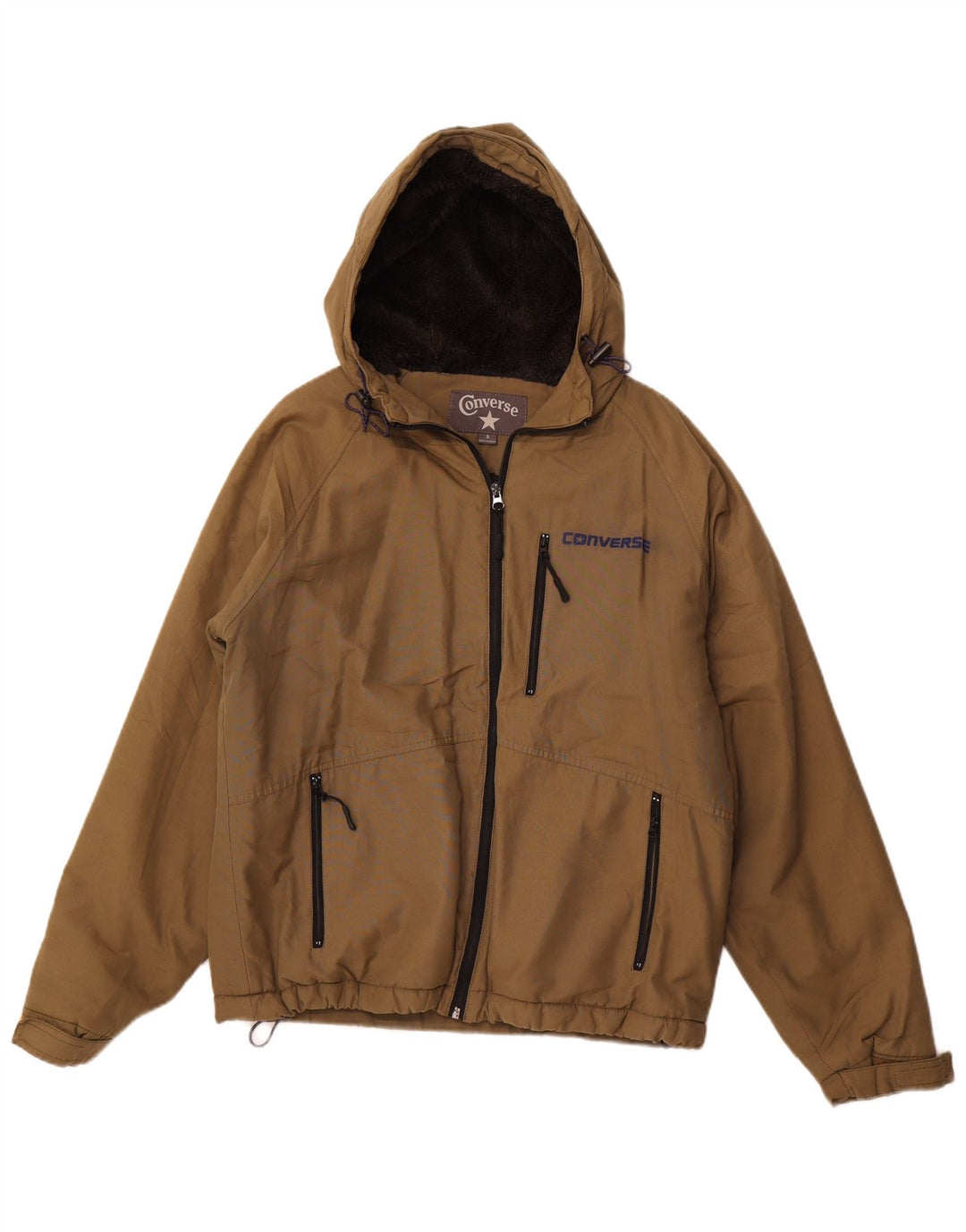 CONVERSE Mens Hooded Windbreaker Jacket UK 36 Small Khaki Cotton