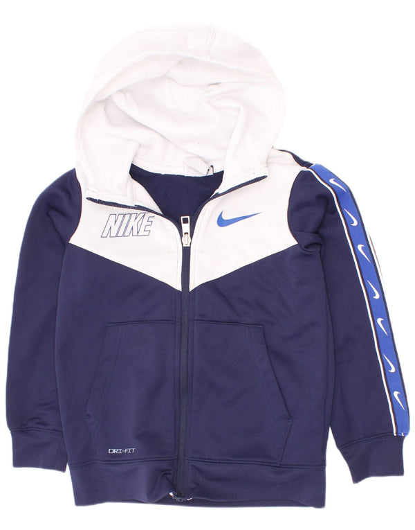 Nike Boys Dri Fit Zip Hoodie Sweater 4-5 Years Small Navy Blue Colourblock