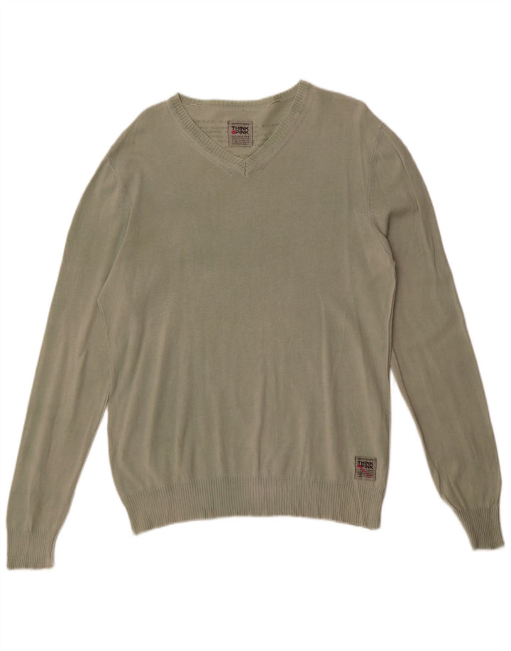 Think Pink Mens V-Neck Jumper Sweater Large Green Cotton