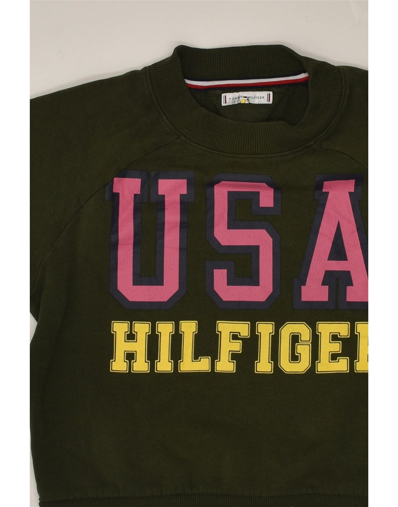 TOMMY HILFIGER Girls Graphic Sweatshirt Jumper 11-12 Years Khaki Cotton | Vintage Tommy Hilfiger | Thrift | Second-Hand Tommy Hilfiger | Used Clothing | Messina Hembry 