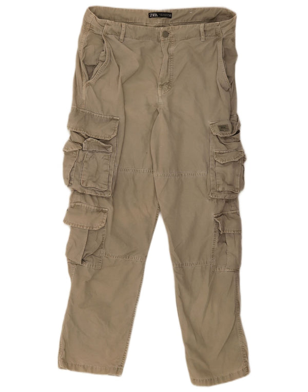 Zara Mens Straight Cargo Trousers EU 42 Large W32 L30 Khaki Cotton