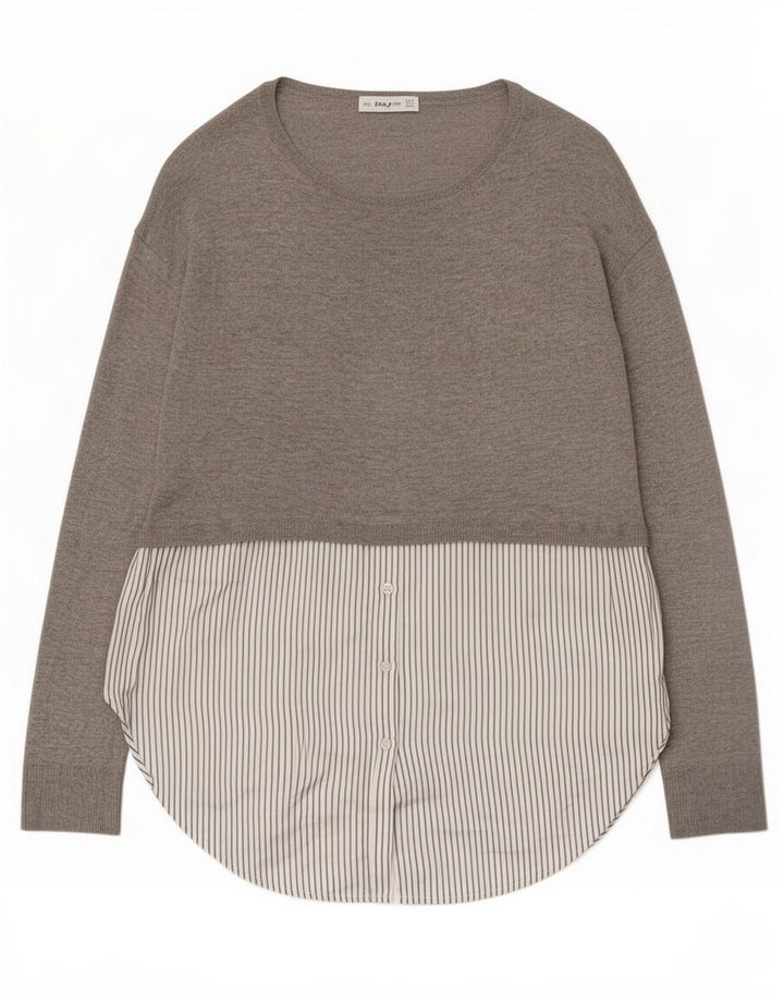 Zara Womens Long Sleeve Tunic Top UK 10 Small Grey Colourblock Polyester