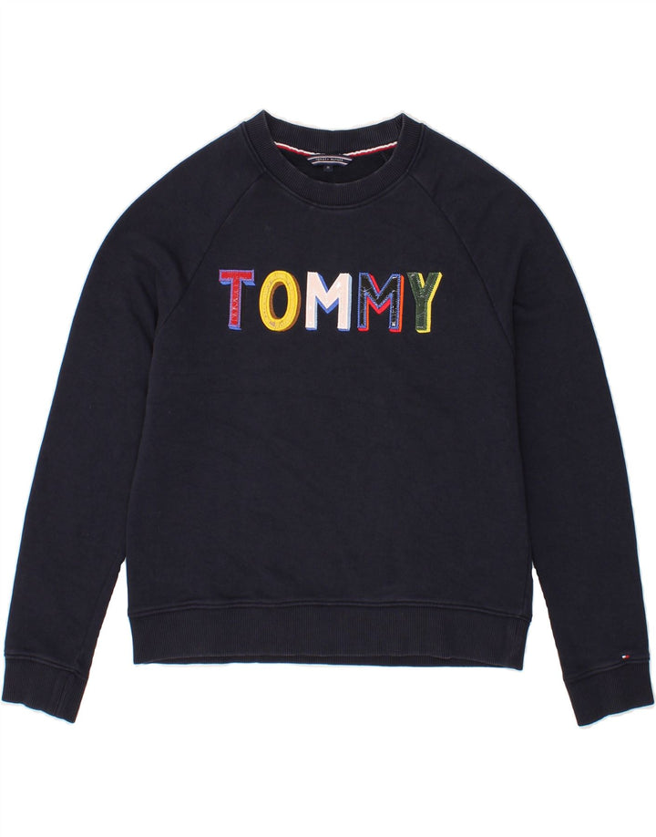 TOMMY HILFIGER Womens Graphic Sweatshirt Jumper UK 14 Medium Navy Blue Vintage Tommy Hilfiger and Second-Hand Tommy Hilfiger from Messina Hembry 