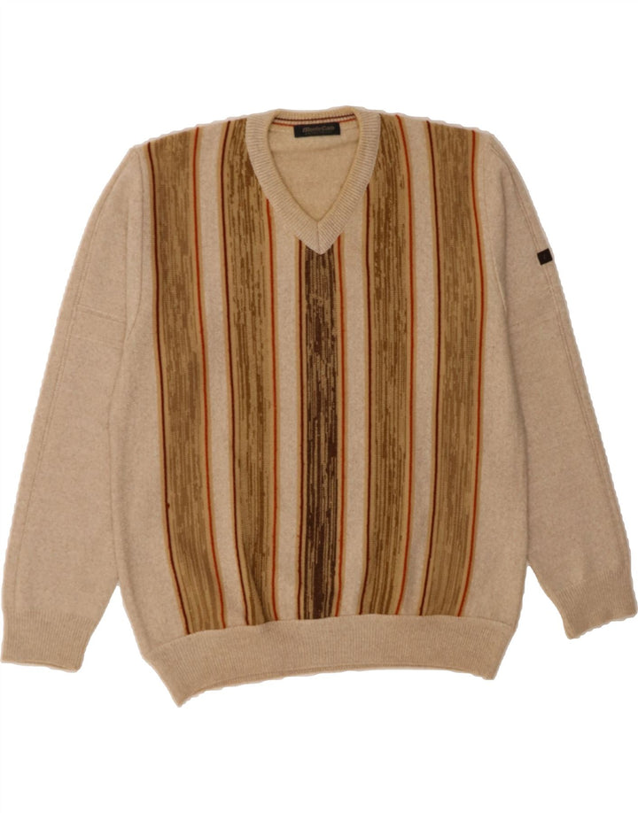 MONTE CARLO Mens Morris V-Neck Jumper Sweater Medium Beige Striped Wool Vintage Monte Carlo and Second-Hand Monte Carlo from Messina Hembry 