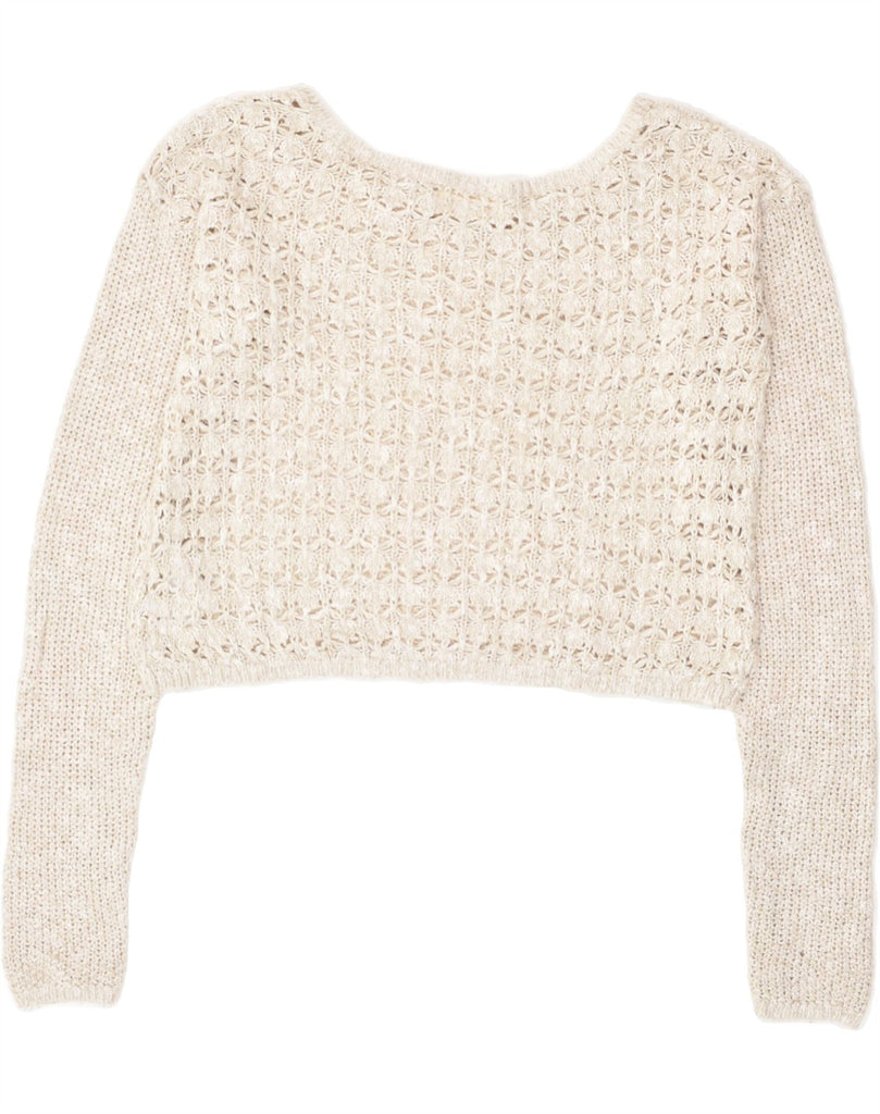 HOLLISTER Womens Crop Crochet Boat Neck Jumper Sweater UK 14 Medium Beige | Vintage Hollister | Thrift | Second-Hand Hollister | Used Clothing | Messina Hembry 