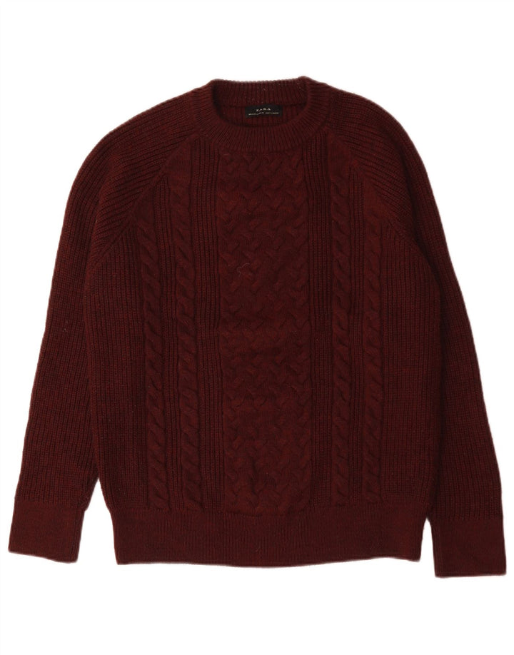 Zara Mens Crew Neck Jumper Sweater Medium Burgundy Wool