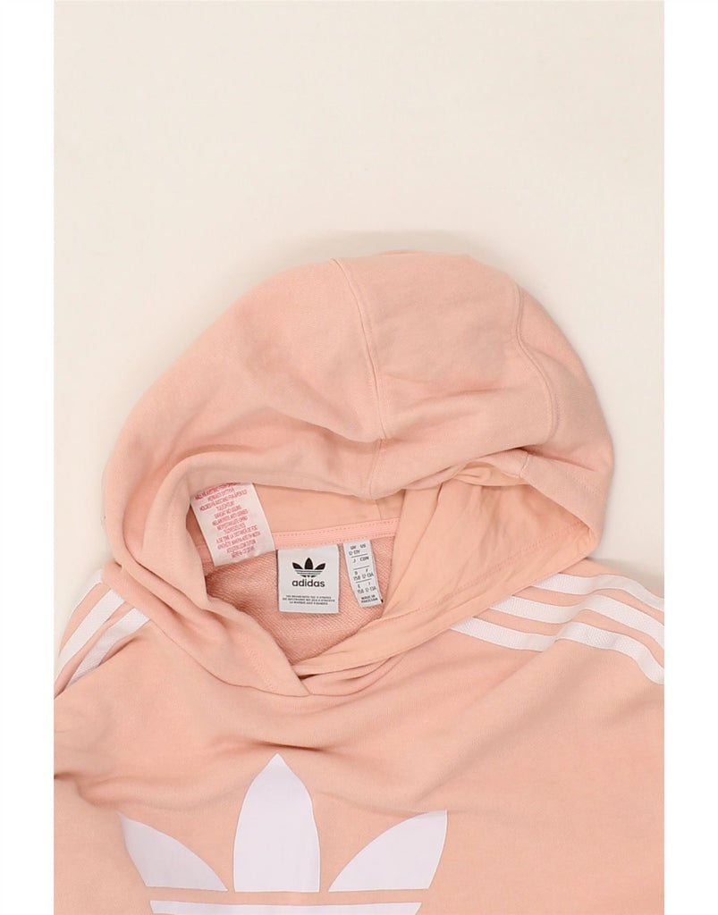ADIDAS Girls Graphic Crop Hoodie Jumper 12-13 Years Pink Cotton Vintage Adidas and Second-Hand Adidas from Messina Hembry 