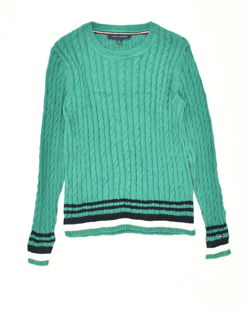 TOMMY HILFIGER Womens Crew Neck Jumper Sweater UK 8 Small Green Striped | Vintage Tommy Hilfiger | Thrift | Second-Hand Tommy Hilfiger | Used Clothing | Messina Hembry 