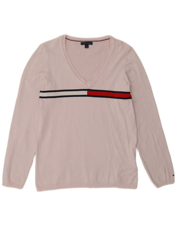Tommy Hilfiger Womens V-Neck Jumper Sweater UK 14 Medium Pink Colourblock