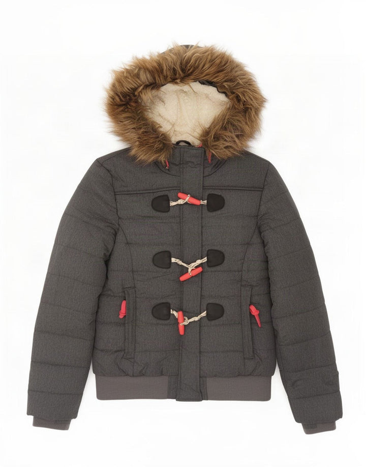 Superdry Womens Hooded Bomber Padded Jacket UK 14 Large Grey Polyester