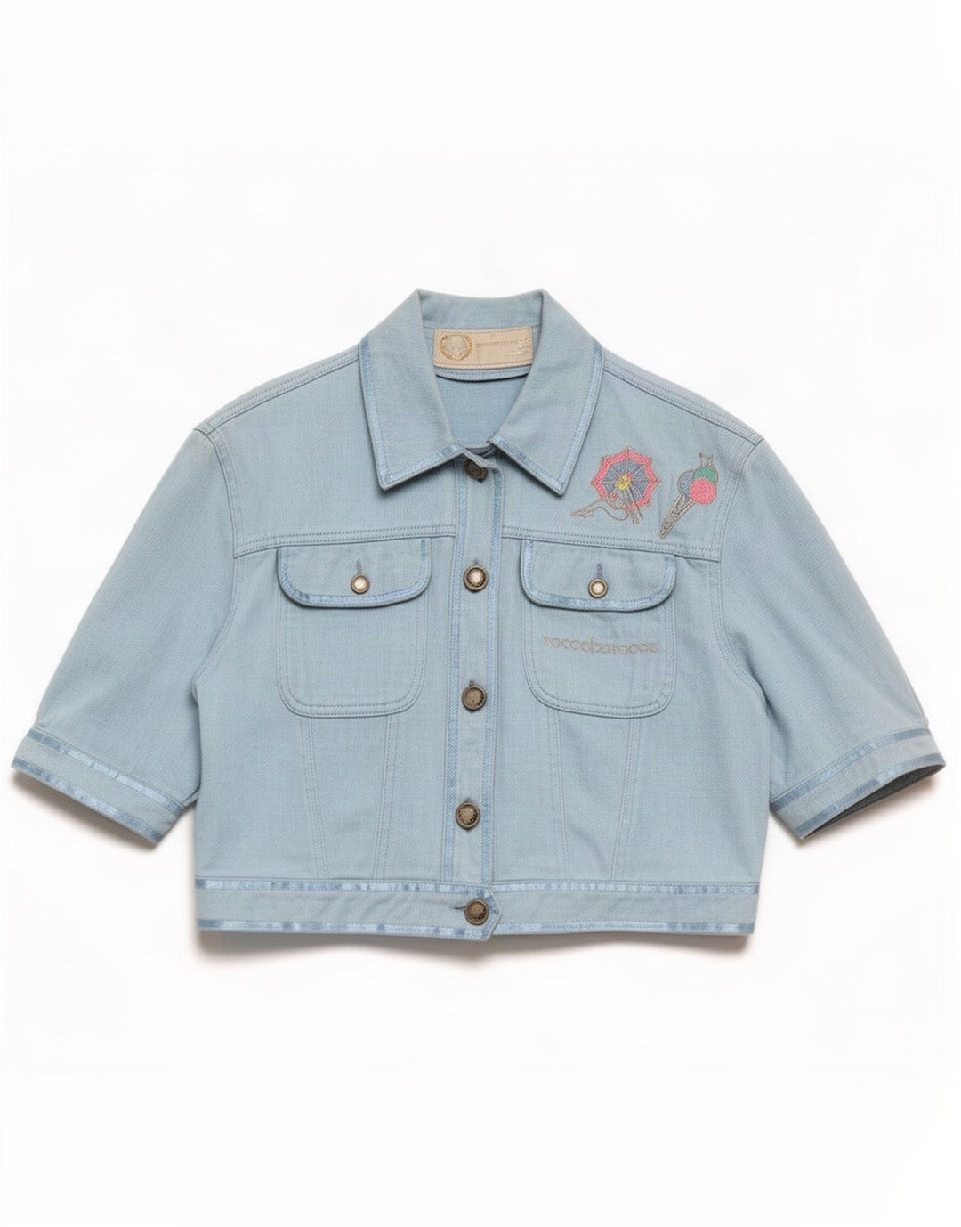 Roccobarocco Womens Crop Graphic Denim Jacket IT 44 Medium Blue