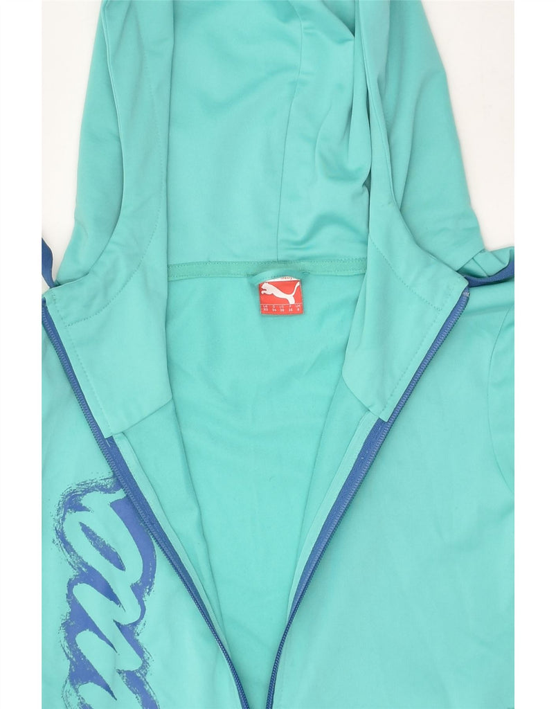 PUMA Womens Graphic Zip Hoodie Sweater UK 8 Small Turquoise Polyester | Vintage Puma | Thrift | Second-Hand Puma | Used Clothing | Messina Hembry 