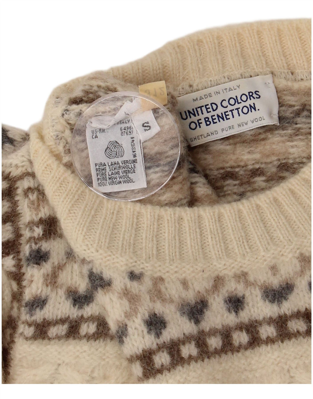 Benetton Mens Crew Neck Jumper Sweater Small Off White Fair Isle Wool