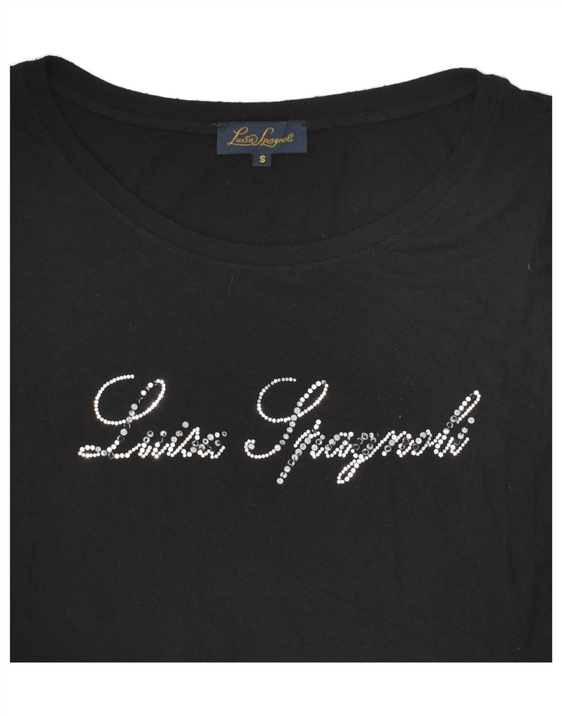 LUISA SPAGNOLI Womens Graphic Top 3/4 Sleeve UK 10 Small Black Cotton | Vintage Luisa Spagnoli | Thrift | Second-Hand Luisa Spagnoli | Used Clothing | Messina Hembry 