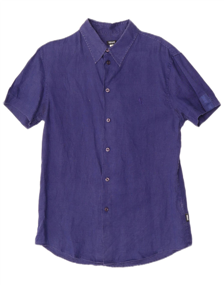 Versace Mens Short Sleeve Shirt Small Navy Blue Linen