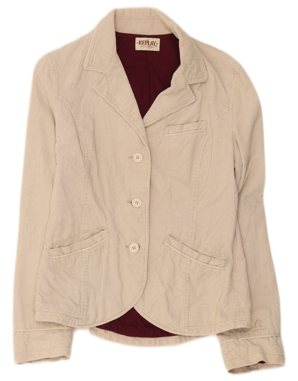 Replay Womens 3 Button Corduroy Blazer Jacket UK 14 Large Beige Cotton
