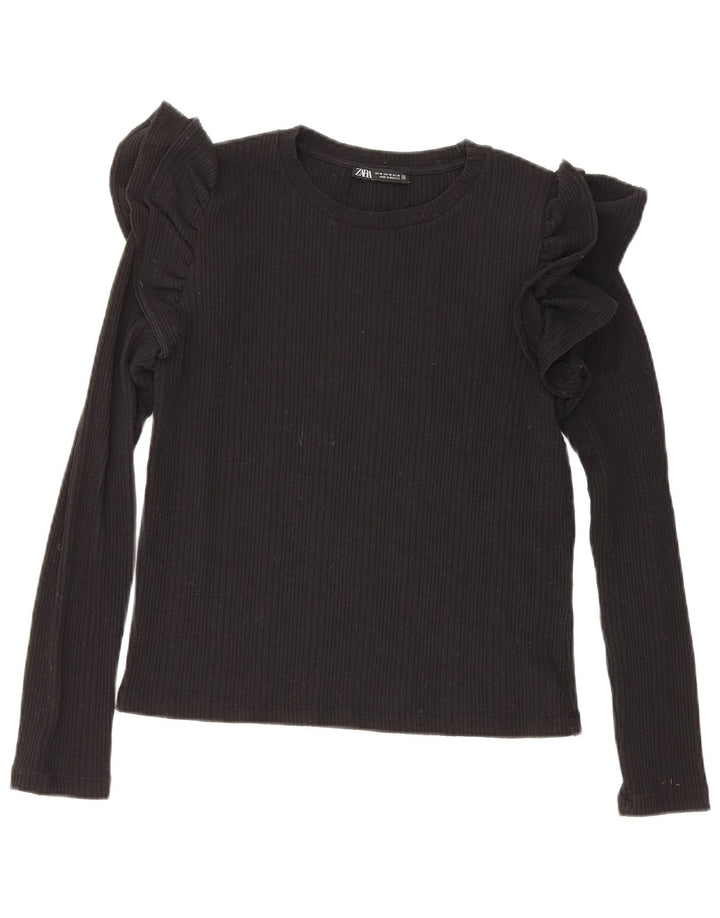 Zara Womens Crop Top Long Sleeve UK 12 Medium Black
