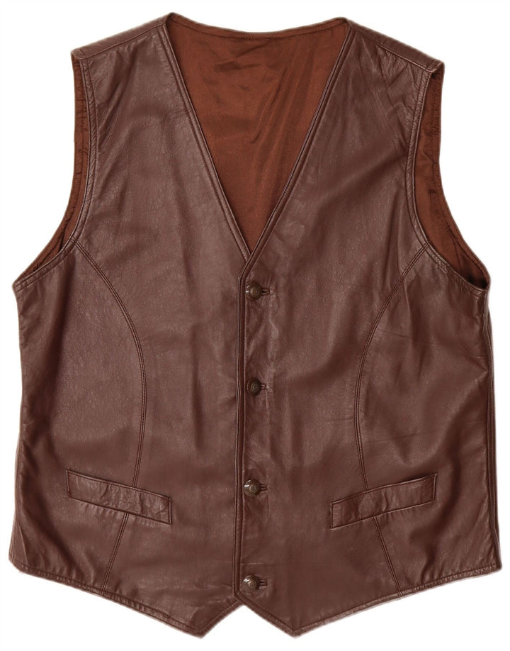 Vintage Mens Leather Waistcoat Large Brown Leather