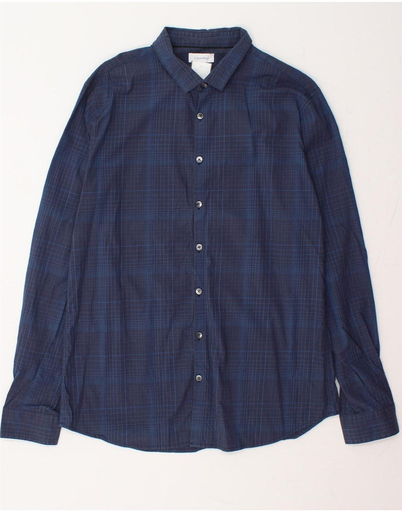 CALVIN KLEIN Mens Slim Fit Shirt Large Navy Blue Check Cotton Vintage Calvin Klein and Second-Hand Calvin Klein from Messina Hembry 
