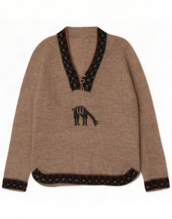 Vintage Womens V-Neck Jumper Sweater UK 16 Large Beige Fair Isle