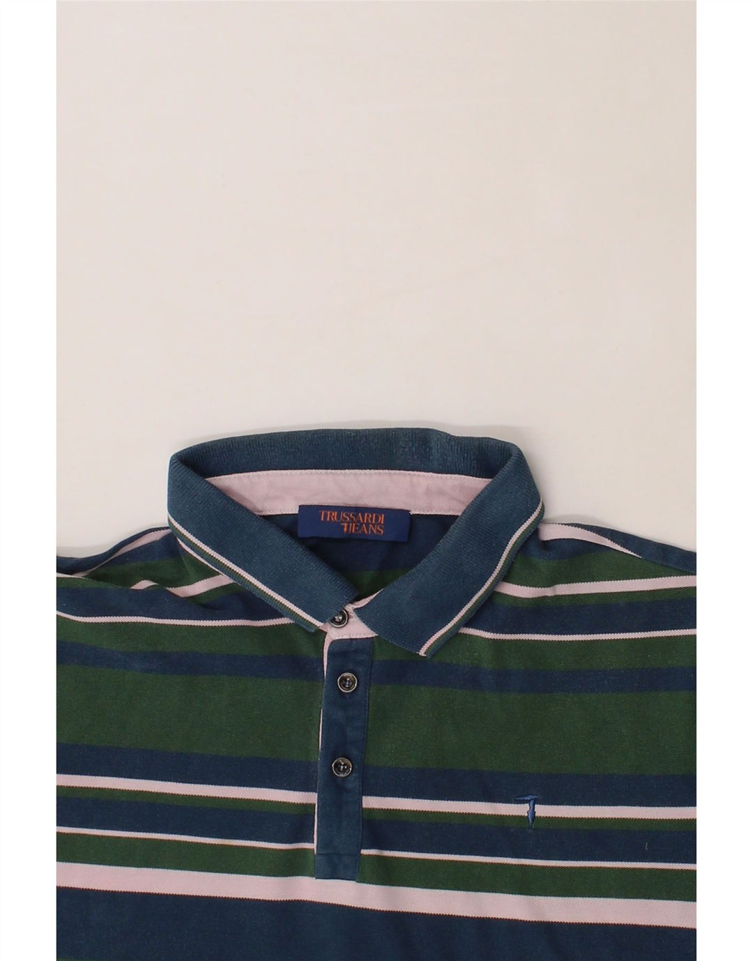 TRUSSARDI Mens Polo Shirt Medium Green Striped Vintage Trussardi and Second-Hand Trussardi from Messina Hembry 