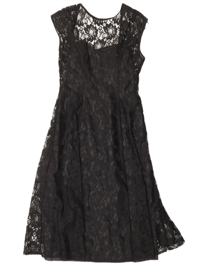 CLASSIC Womens A-Line Dress UK 12 Medium Black Floral Nylon