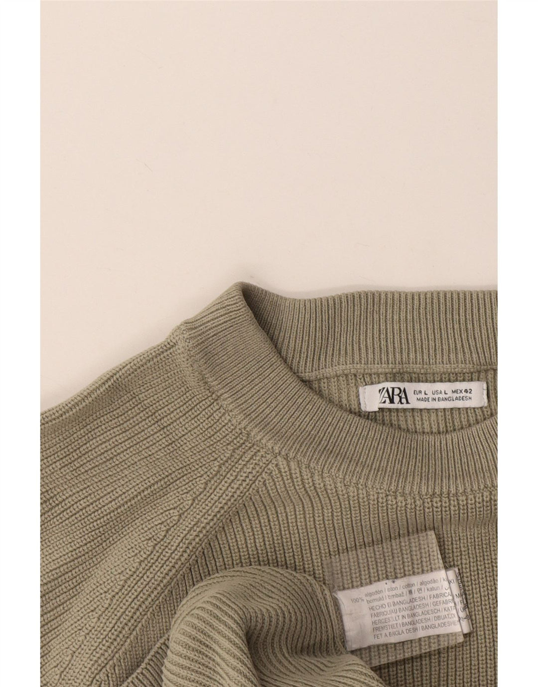 Zara Mens Crew Neck Jumper Sweater Large Khaki Cotton