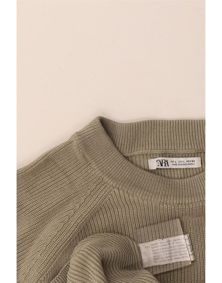 Zara Mens Crew Neck Jumper Sweater Large Khaki Cotton