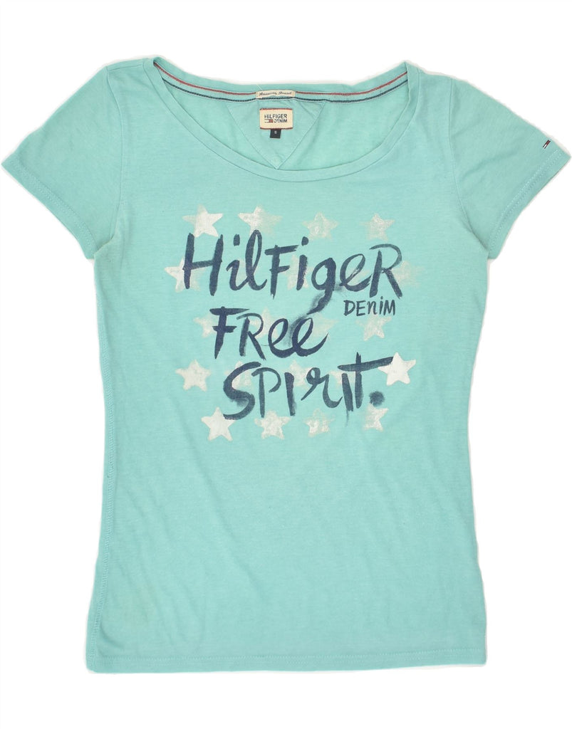 TOMMY HILFIGER Womens Graphic T-Shirt Top UK 10 Small Turquoise Cotton Vintage Tommy Hilfiger and Second-Hand Tommy Hilfiger from Messina Hembry 