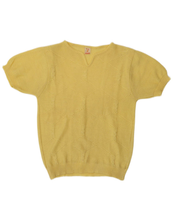 Vintage Womens Short Sleeve V-Neck Jumper Sweater UK 10 Small Yellow