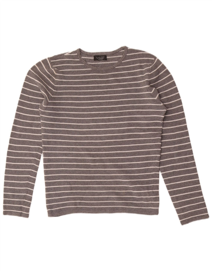 Zara Mens Top Long Sleeve Medium Grey Striped Cotton