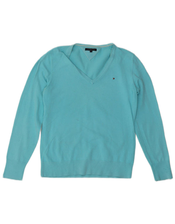 TOMMY HILFIGER Womens V-Neck Jumper Sweater UK 14 Large Blue Cotton