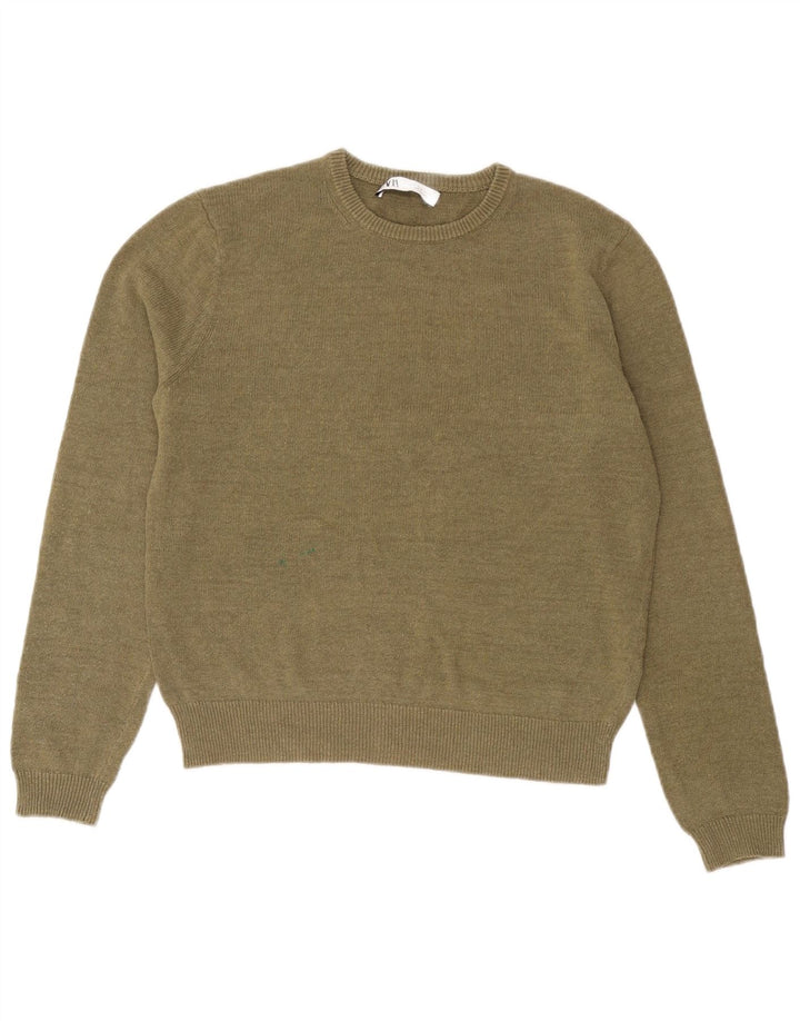 Zara Womens Crew Neck Jumper Sweater UK 14 Medium Khaki Cotton