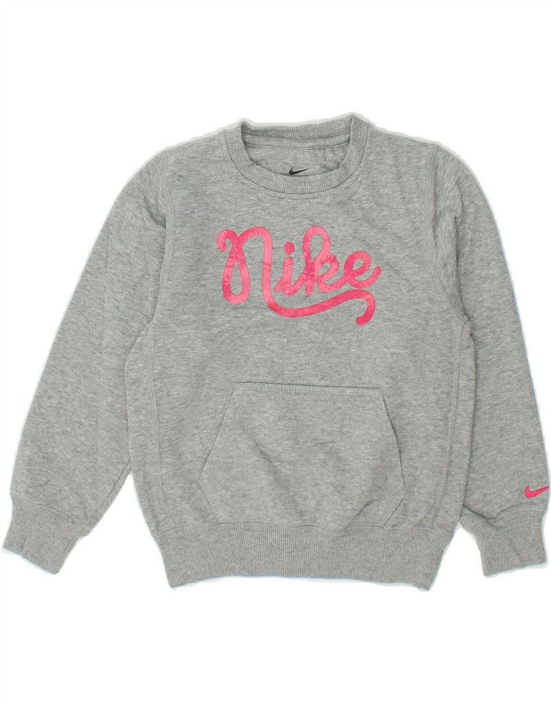 NIKE Girls Graphic Sweatshirt Jumper 10-11 Years Medium Grey Cotton | Vintage Nike | Thrift | Second-Hand Nike | Used Clothing | Messina Hembry 