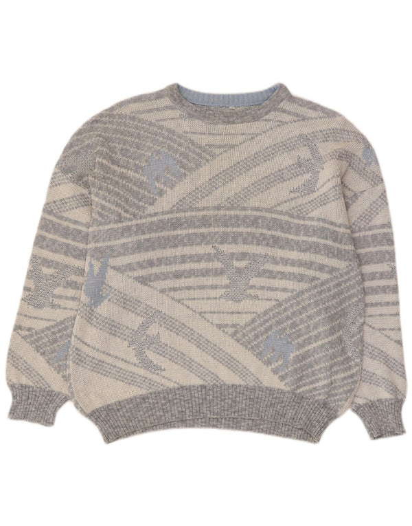 Vintage Mens Crew Neck Jumper Sweater IT 50 Medium Grey Geometric