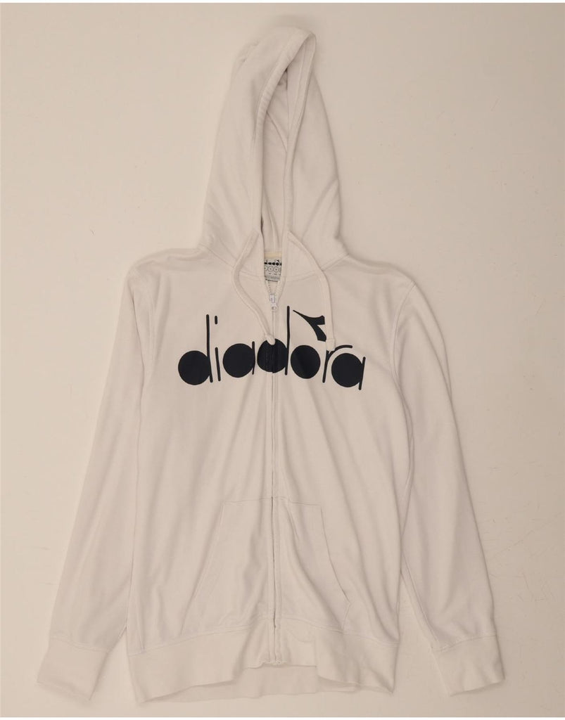 DIADORA Womens Graphic Zip Hoodie Sweater UK 16 Large White Cotton Vintage Diadora and Second-Hand Diadora from Messina Hembry 