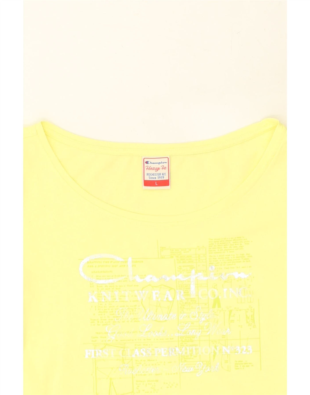 CHAMPION Womens Herritage Fit Graphic T-Shirt Top UK 14 Large Yellow | Vintage Champion | Thrift | Second-Hand Champion | Used Clothing | Messina Hembry 