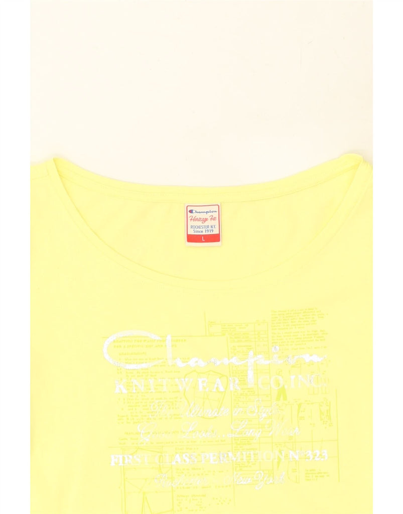 CHAMPION Womens Herritage Fit Graphic T-Shirt Top UK 14 Large Yellow | Vintage Champion | Thrift | Second-Hand Champion | Used Clothing | Messina Hembry 