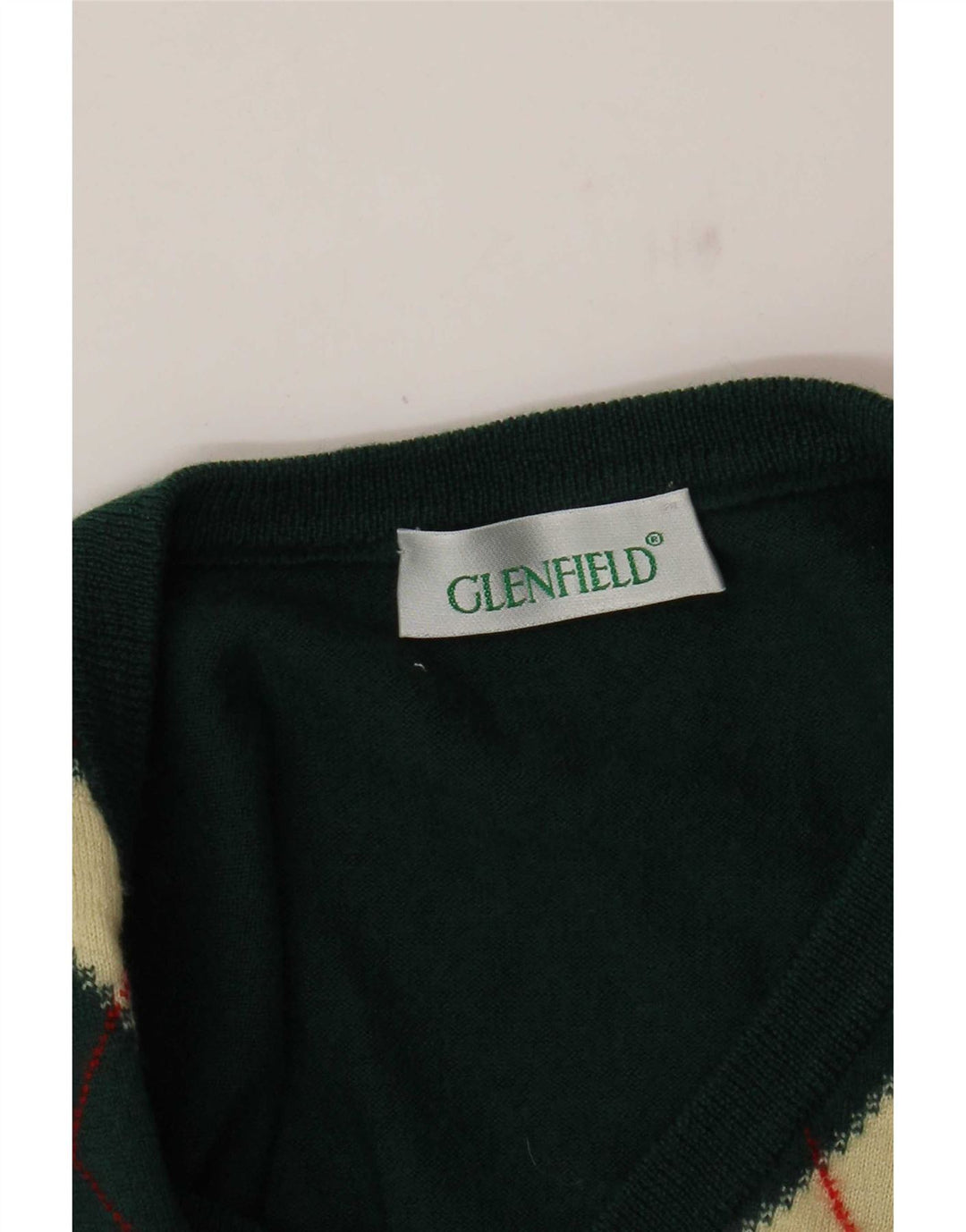 Glenfield Mens V-Neck Jumper Sweater Medium Green Argyle/Diamond