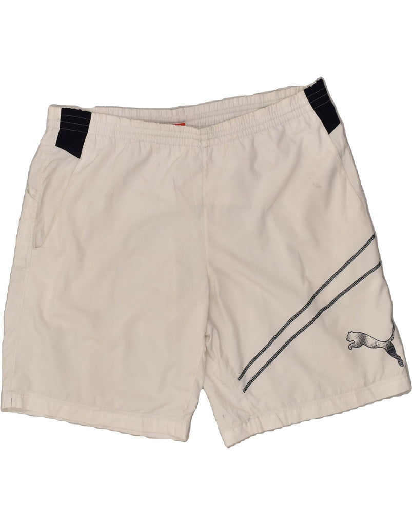 PUMA Mens Graphic Sport Shorts 2XL Off White Polyester | Vintage Puma | Thrift | Second-Hand Puma | Used Clothing | Messina Hembry 