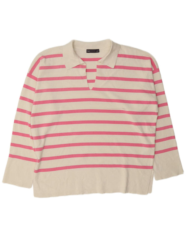 Marks & Spencer Womens Polo Neck Jumper Sweater UK 14 Large White Striped