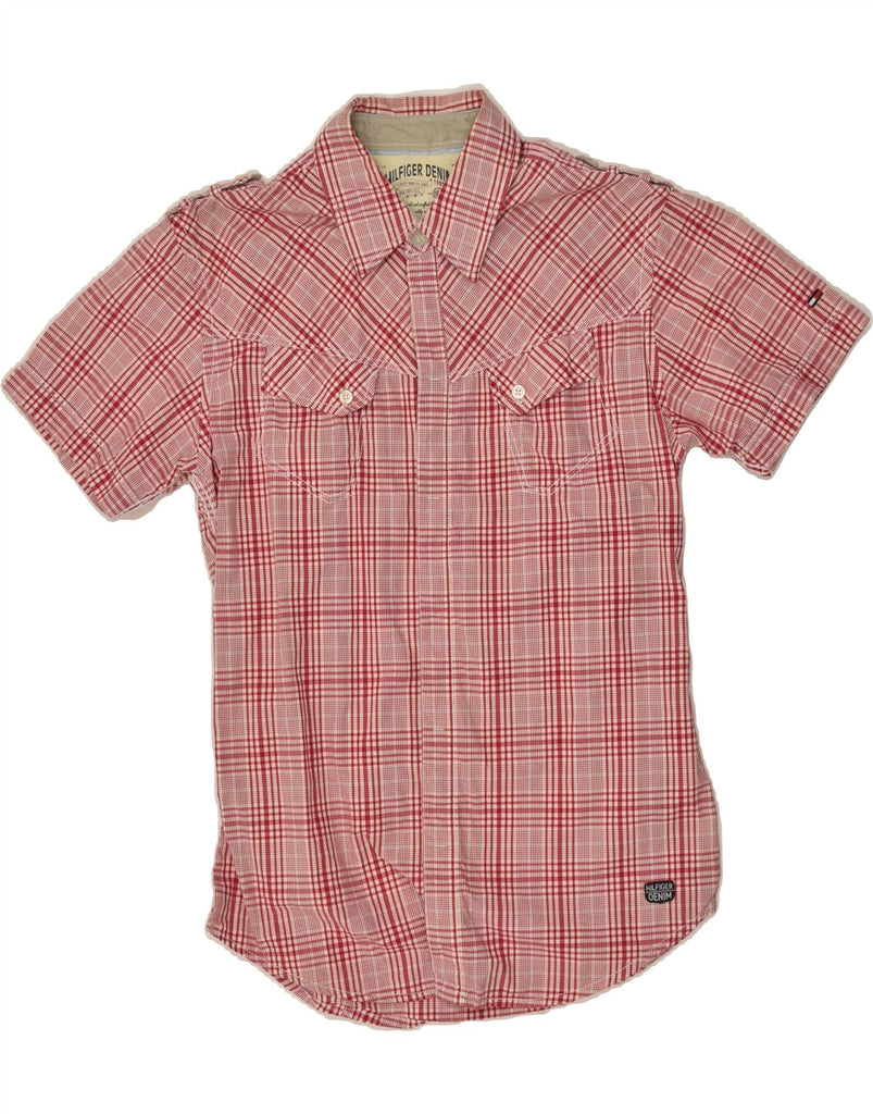 TOMMY HILFIGER Mens Military Short Sleeve Shirt Small Red Plaid Cotton | Vintage Tommy Hilfiger | Thrift | Second-Hand Tommy Hilfiger | Used Clothing | Messina Hembry 