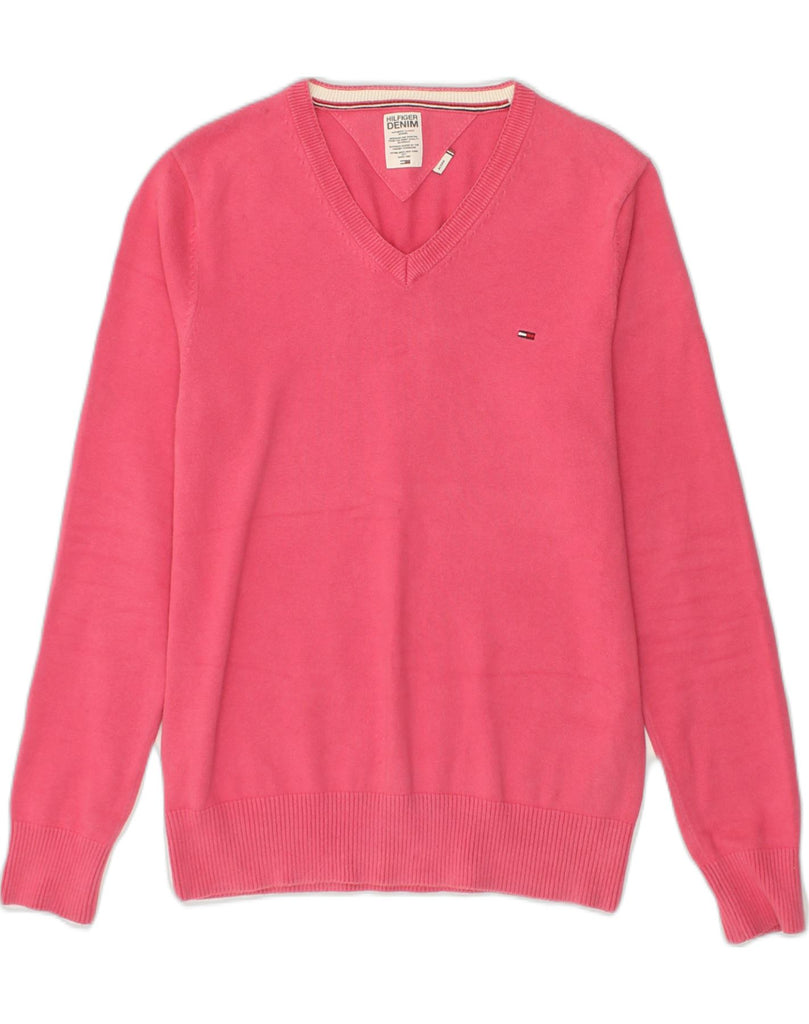 TOMMY HILFIGER Womens V-Neck Jumper Sweater UK 14 Medium Pink Cotton | Vintage Tommy Hilfiger | Thrift | Second-Hand Tommy Hilfiger | Used Clothing | Messina Hembry 