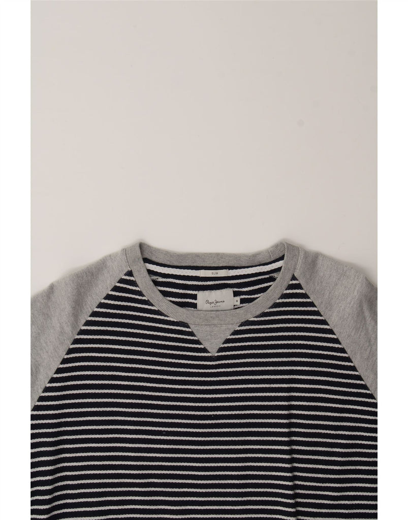 PEPE JEANS Mens Slim Fit Boat Neck Jumper Sweater Medium Navy Blue Striped Vintage PEPE Jeans and Second-Hand PEPE Jeans from Messina Hembry 