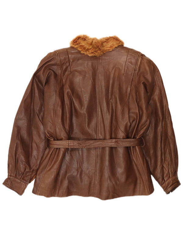 Vintage Womens Leather Fur Jacket UK 18 XL Brown Rabbit Fur