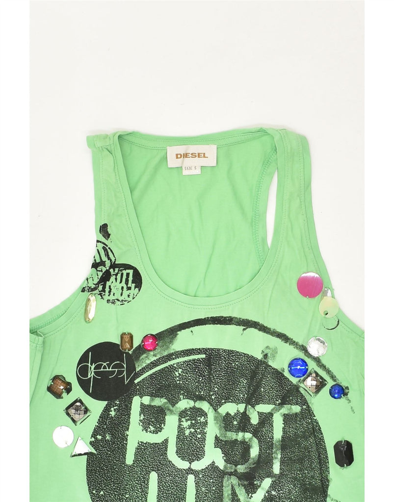 DIESEL Womens Graphic Vest Top UK 8 Small Green | Vintage Diesel | Thrift | Second-Hand Diesel | Used Clothing | Messina Hembry 